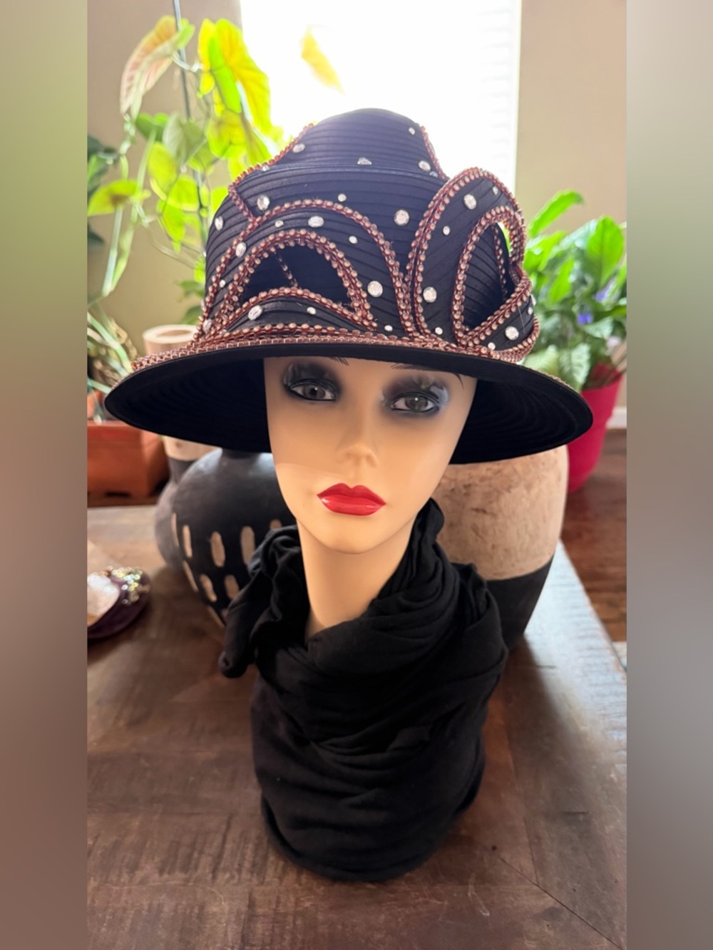 EUC Black Embellished  Dress Hat with Gold Beaded Accents
